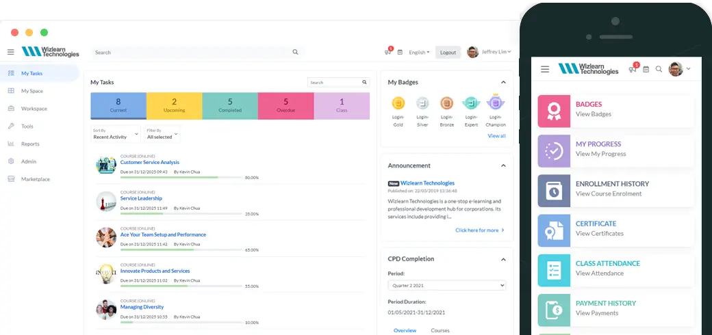 Wizlearn learner dashboard on desktop and mobile, showing tasks, badges and progress