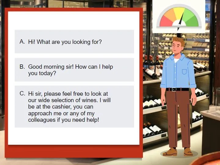 Customer service scenario in a wine shop where learners choose how to greet a customer, with a satisfaction meter showing the impact