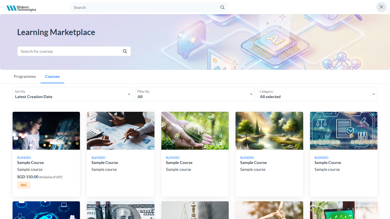 Wizlearn public course catalogue with search, sorting and category filters, and course cards showing delivery mode and price