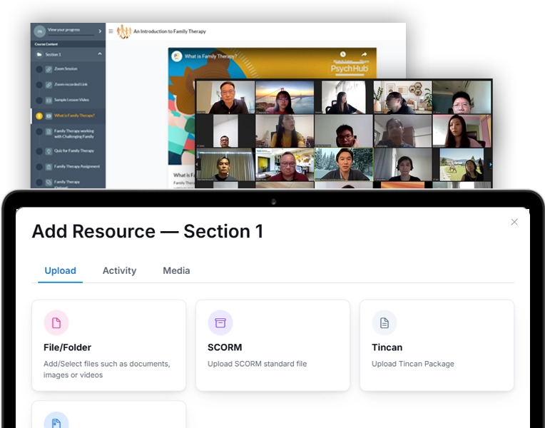 Wizlearn course builder with the Add Resource panel for uploading files, SCORM and Tincan packages, in front of an online course page and a live video class