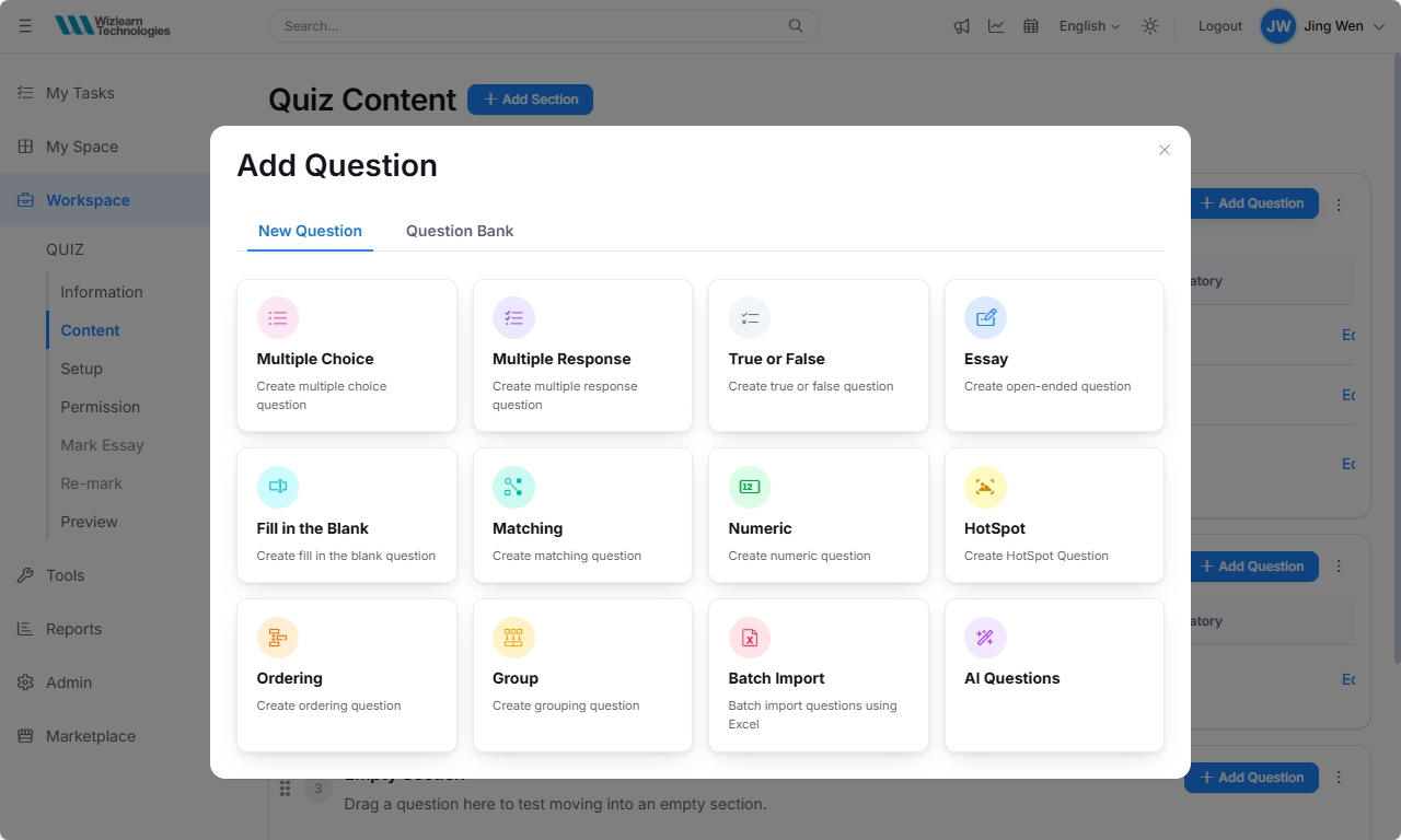 Wizlearn quiz editor showing the Add Question options, including multiple choice, essay, matching, hotspot, batch import from Excel and AI-generated questions